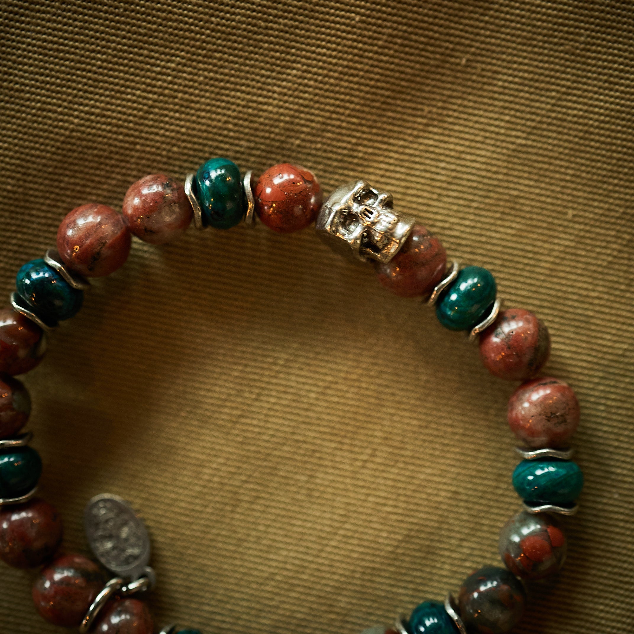 Bracelet - Poppy Jasper, Chrysocolle and silver skull