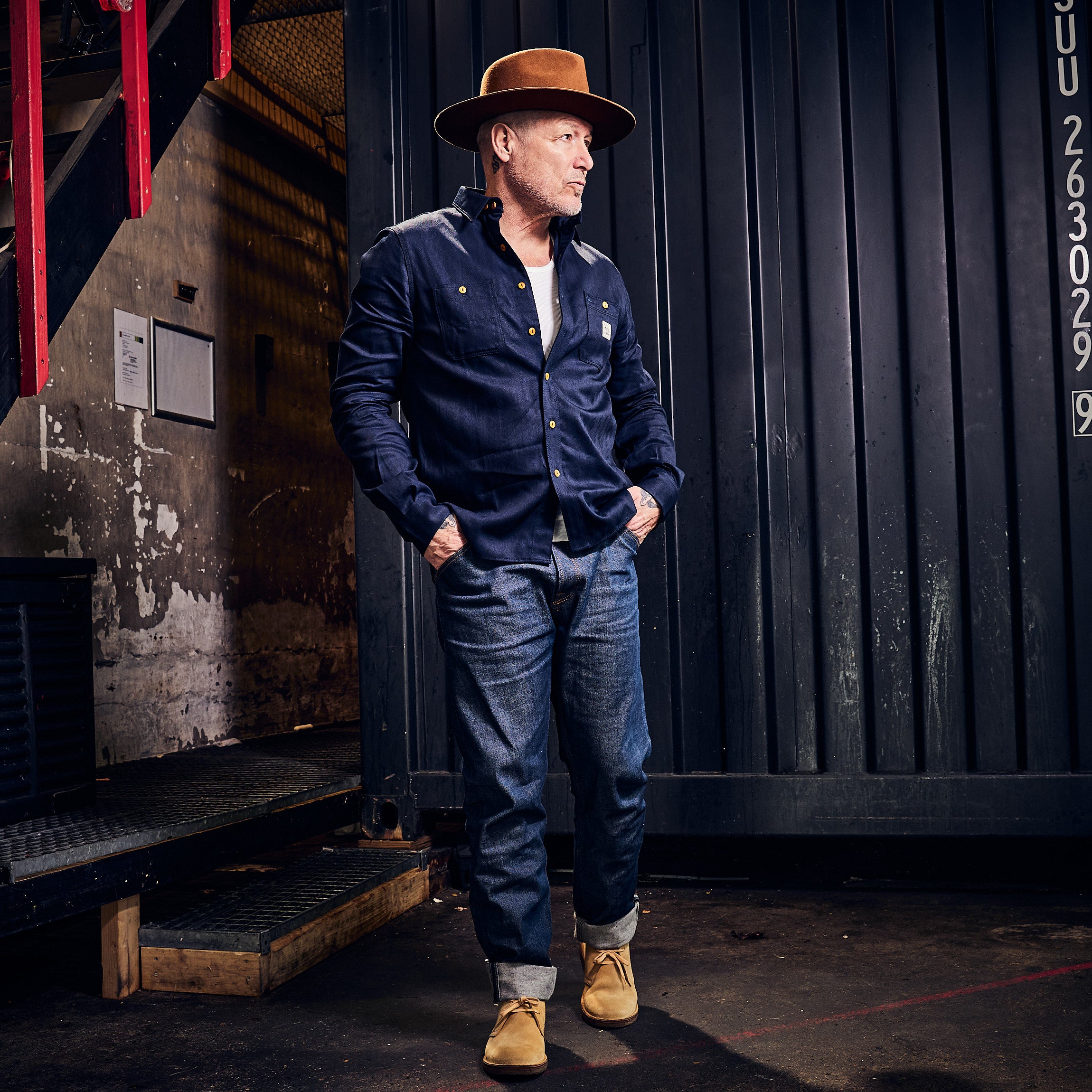 Hen's Teeth Italy - Herringbone Work Shirt - Indigo Blue Raw