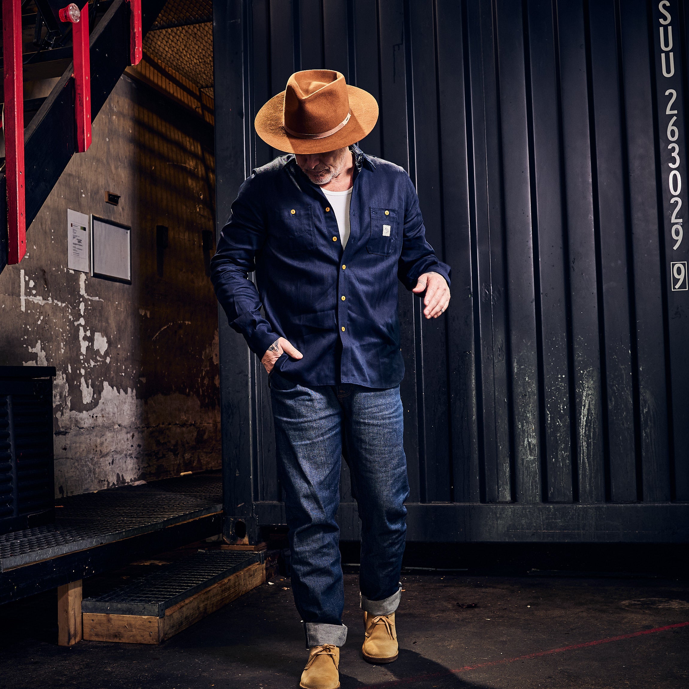 Hen's Teeth Italy - Herringbone Work Shirt - Indigo Blue Raw