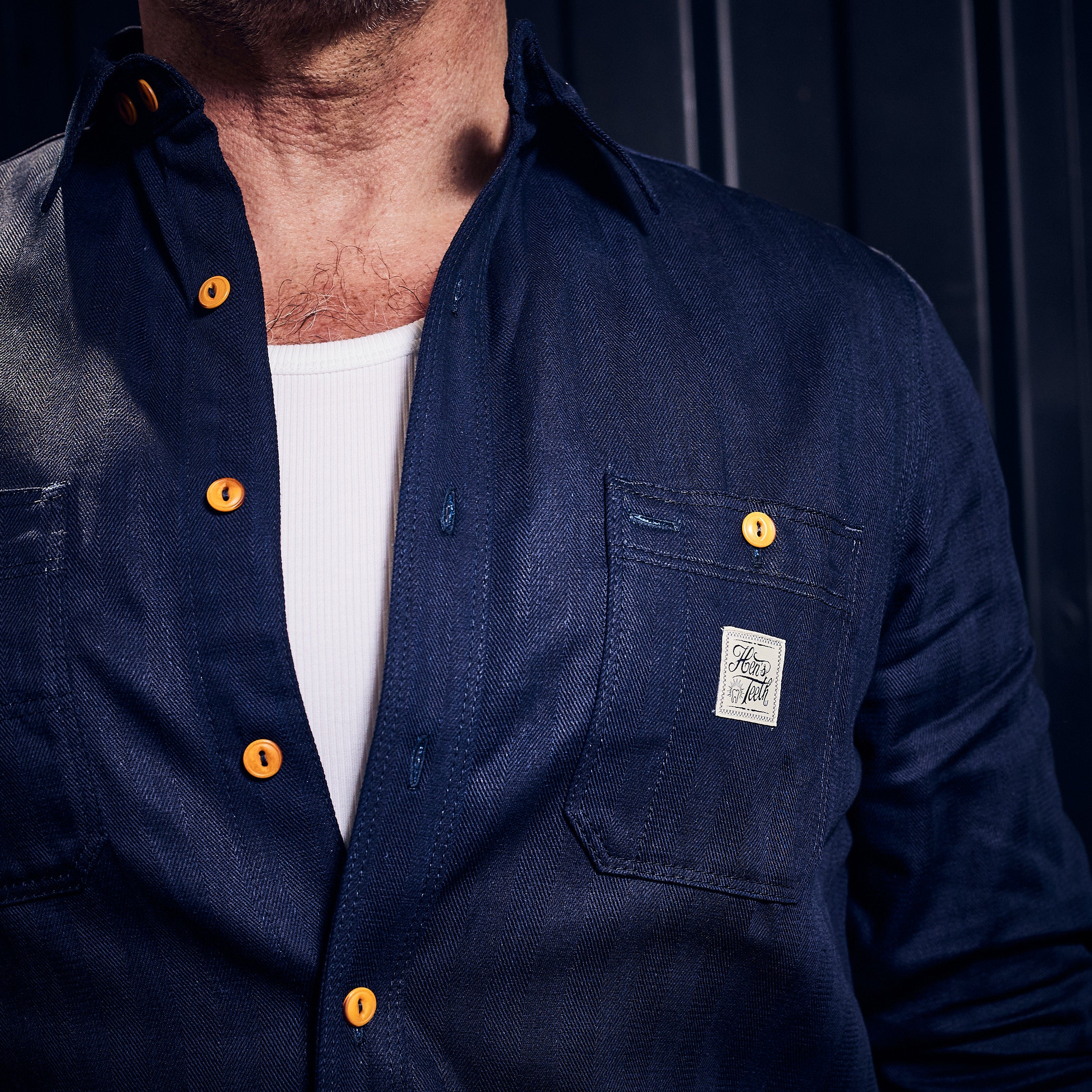 Hen's Teeth Italy - Herringbone Work Shirt - Indigo Blue Raw