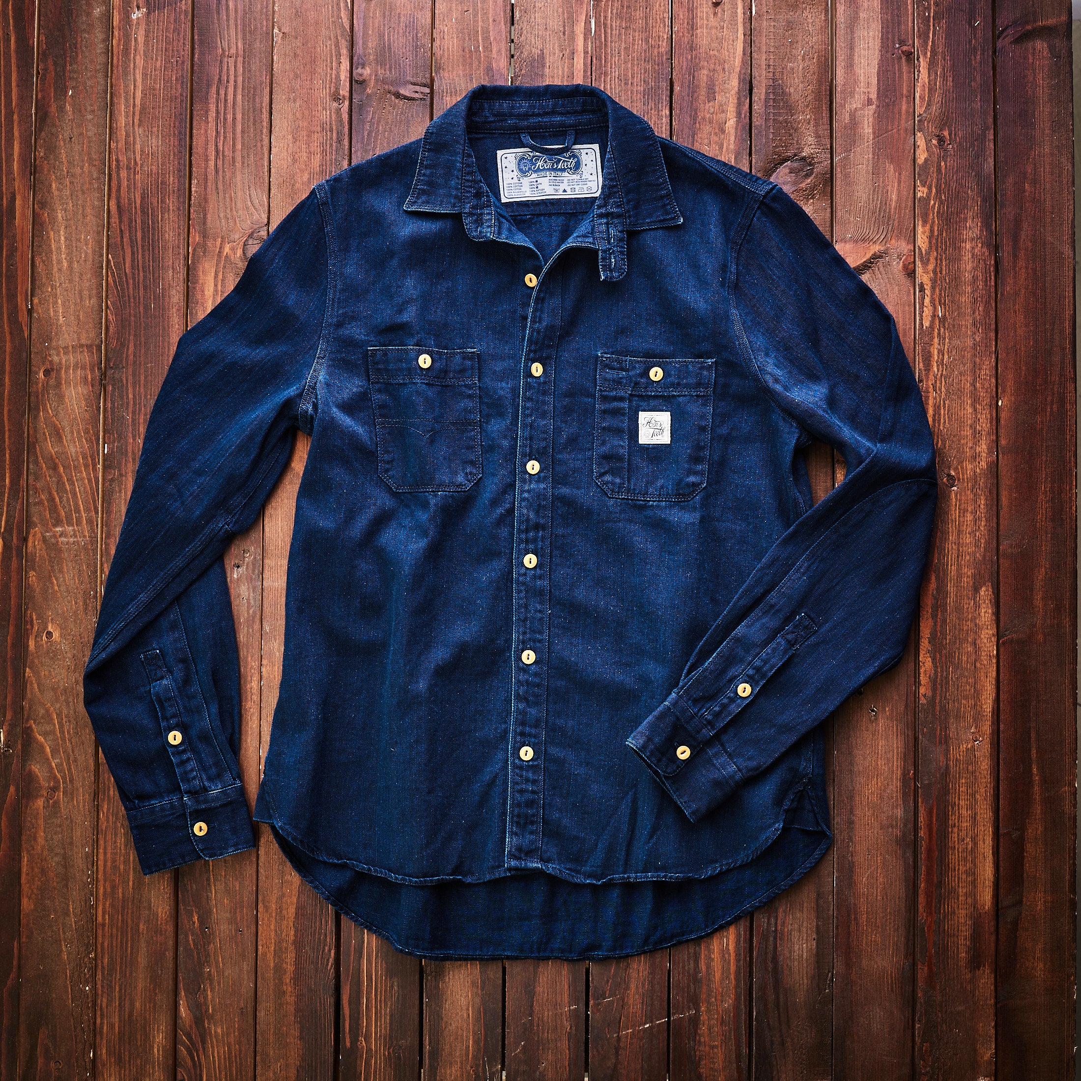 Hen's Teeth Italy - Herringbone Work Shirt - Indigo Blue"Rinse"