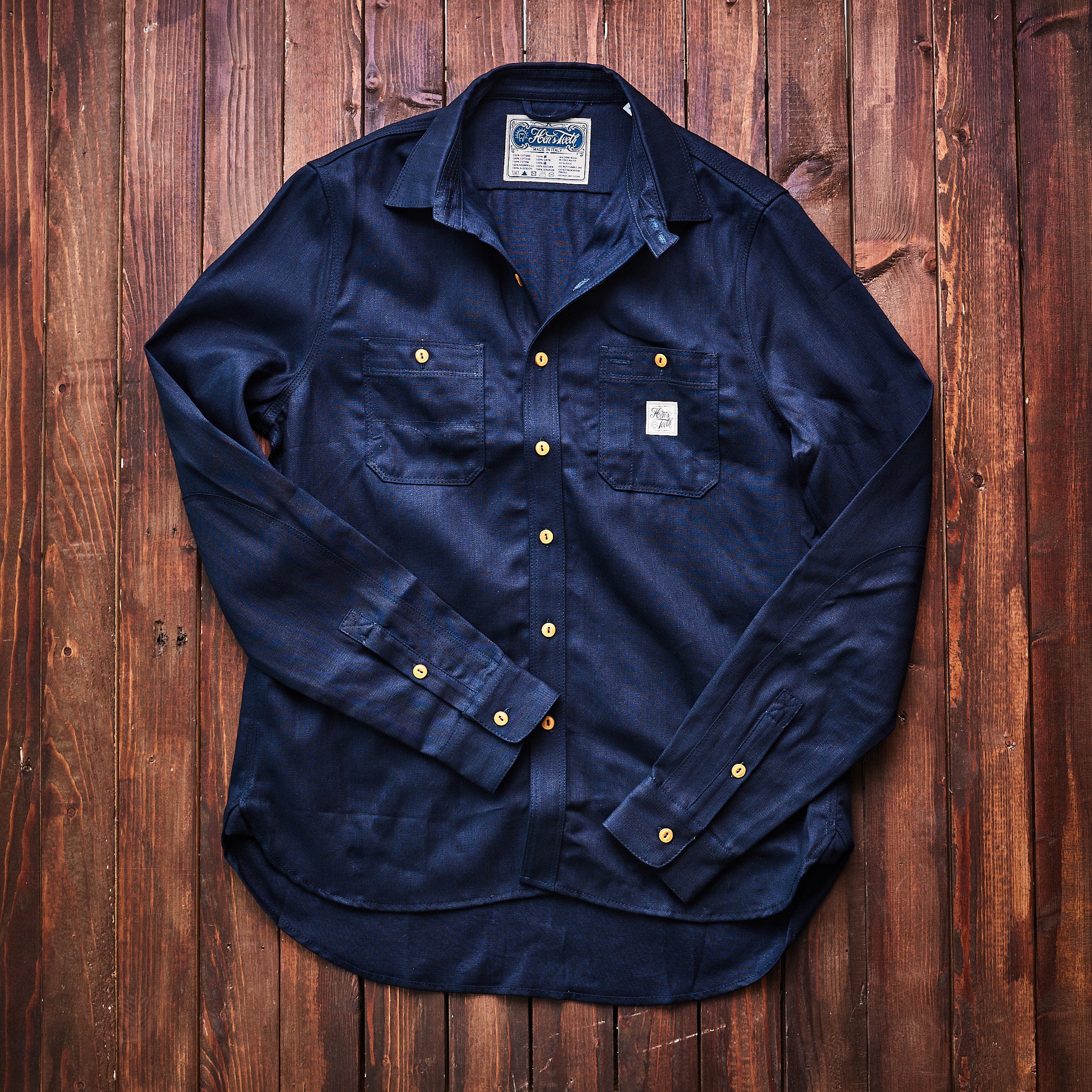 Hen's Teeth Italy - Herringbone Work Shirt - Indigo Blue Raw