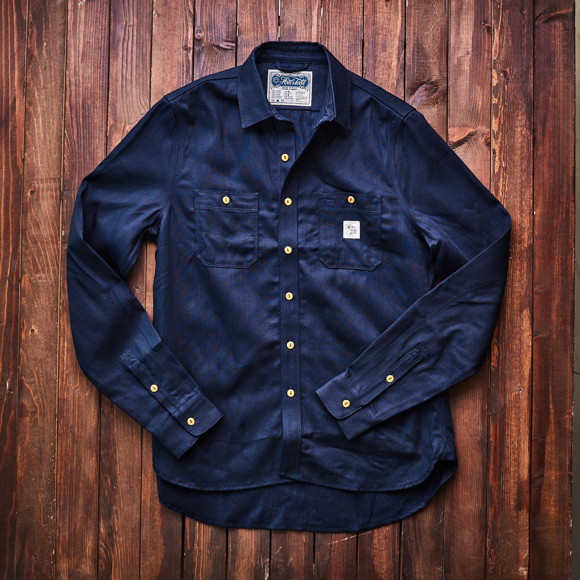 Hen's Teeth Italy - Herringbone Work Shirt - Indigo Blue Raw