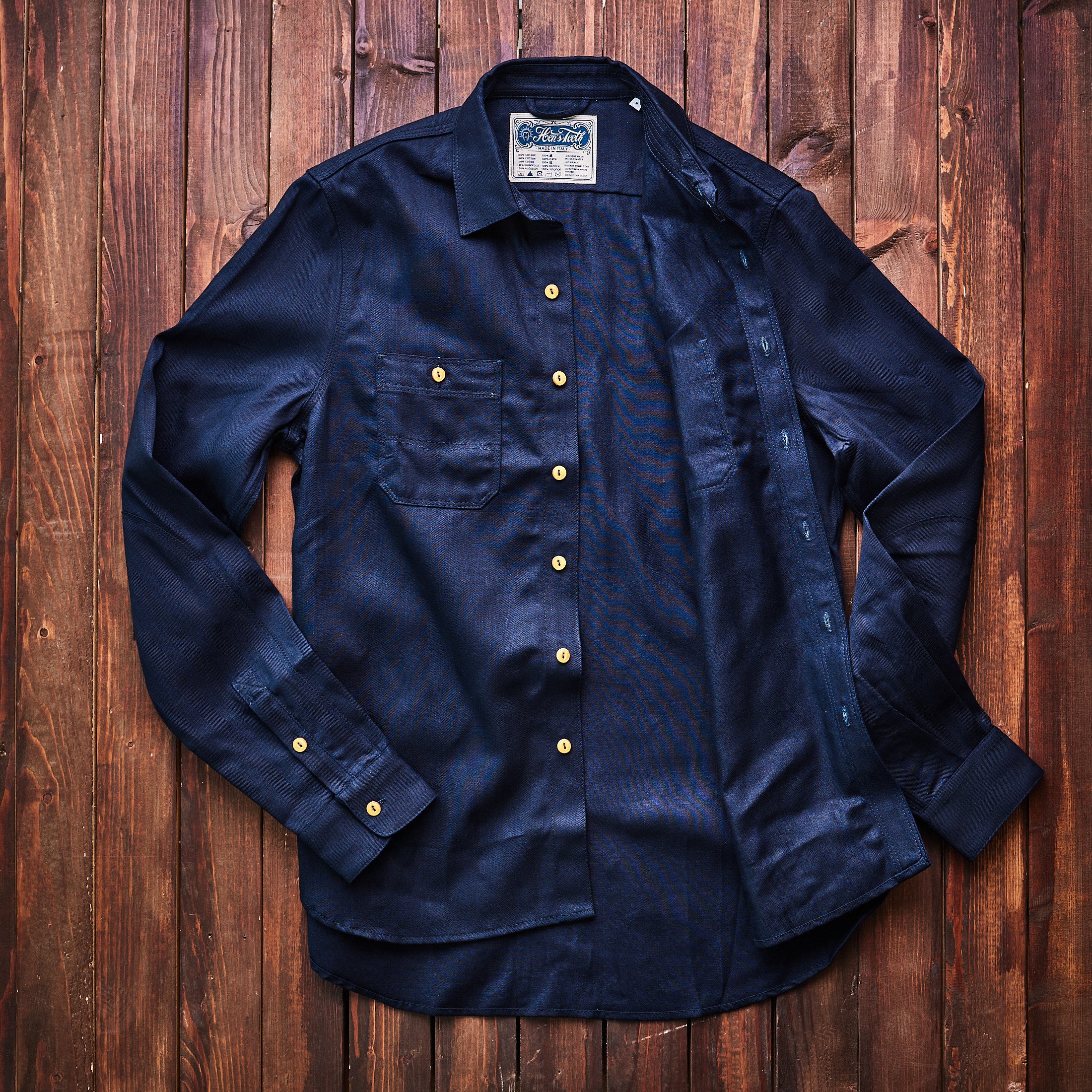 Hen's Teeth Italy - Herringbone Work Shirt - Indigo Blue Raw