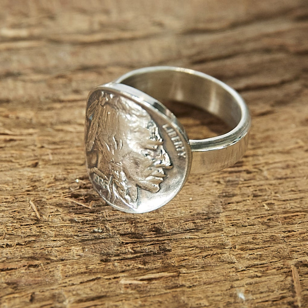 SILVER RING - Indian Buffalo 5 cent Ring"HEADS - Chief