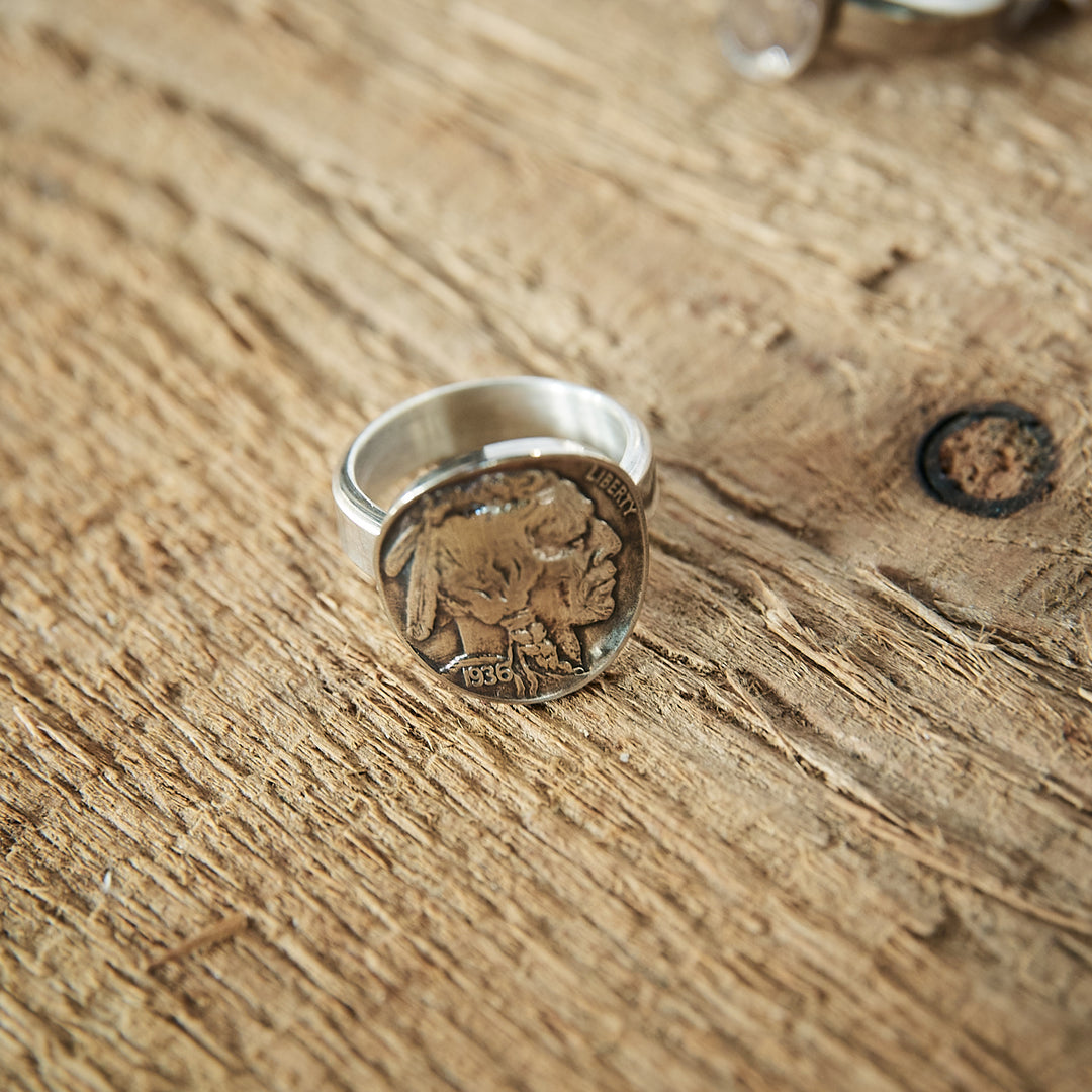 SILVER RING - Indian Buffalo 5 cent Ring"HEADS - Chief