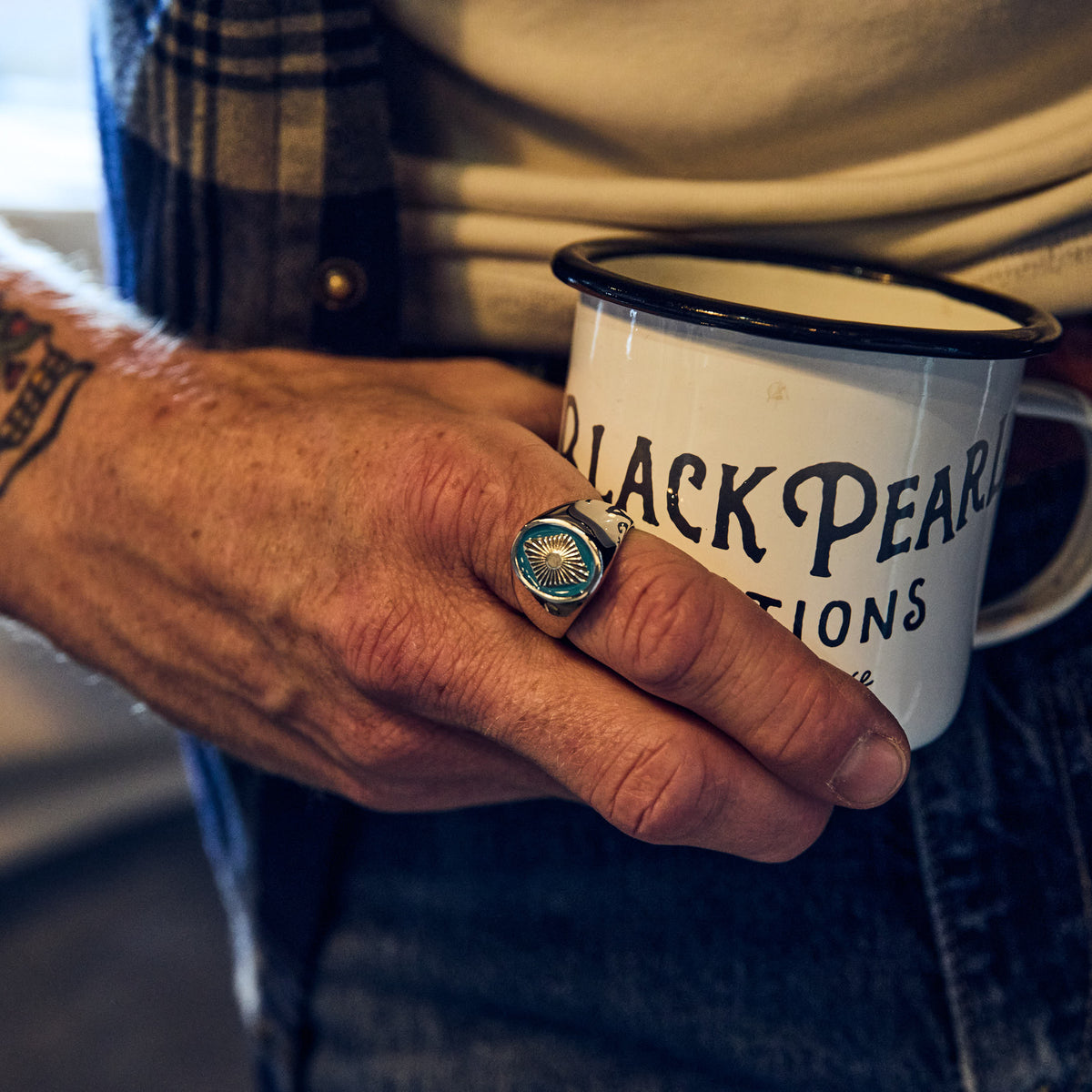 Black Pearl - Silver Concho Turquoise Enamel Ring