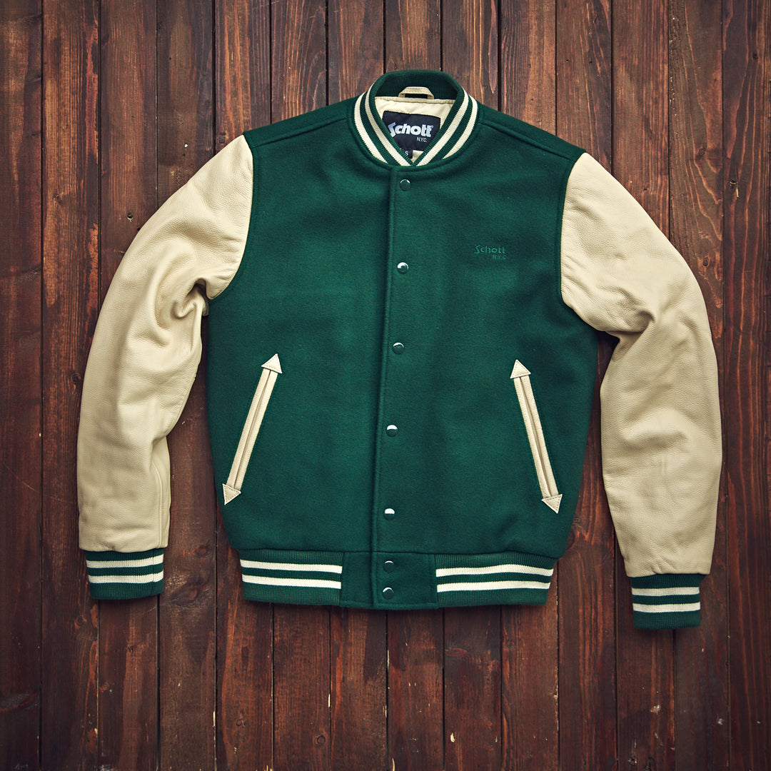 Schott NY - Varsity Jacket Cowhide/Wool - Green/Beige