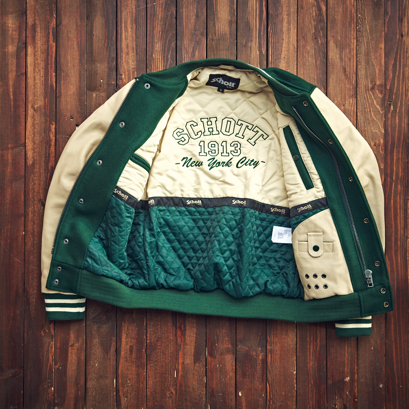 Schott NY - Varsity Jacket Cowhide/Wool - Green/Beige