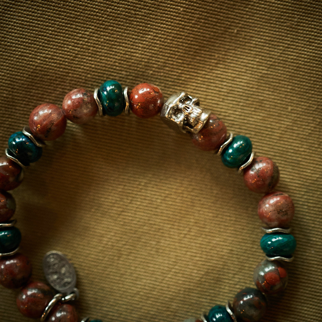 Armbånd - Poppy Jasper, Chrysocolle og sølv skull