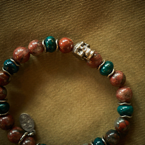 Bracelet - Poppy Jasper, Chrysocolle and silver skull