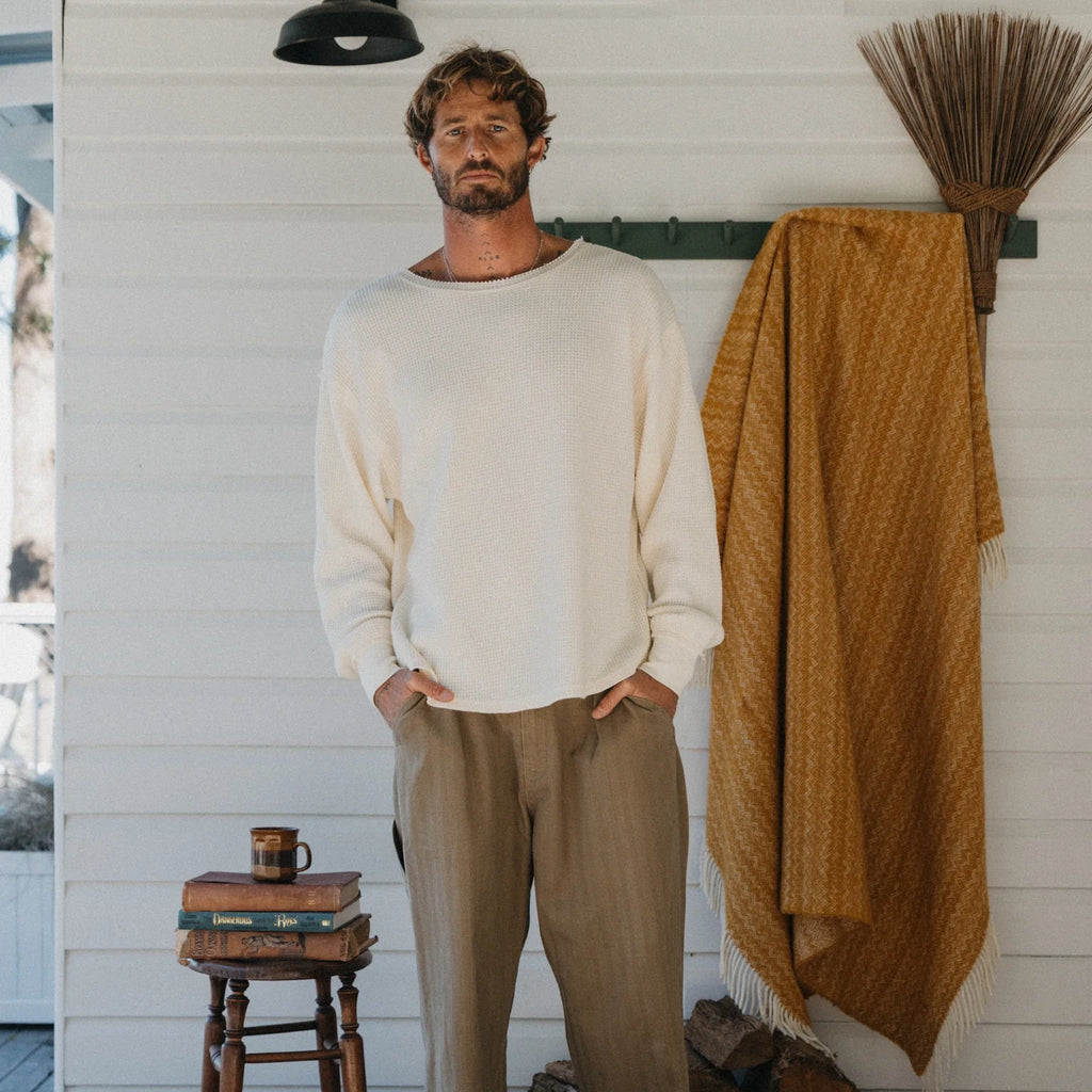 Ottway - Waffle Crew Neck Long Sleeve T-Shirt - White