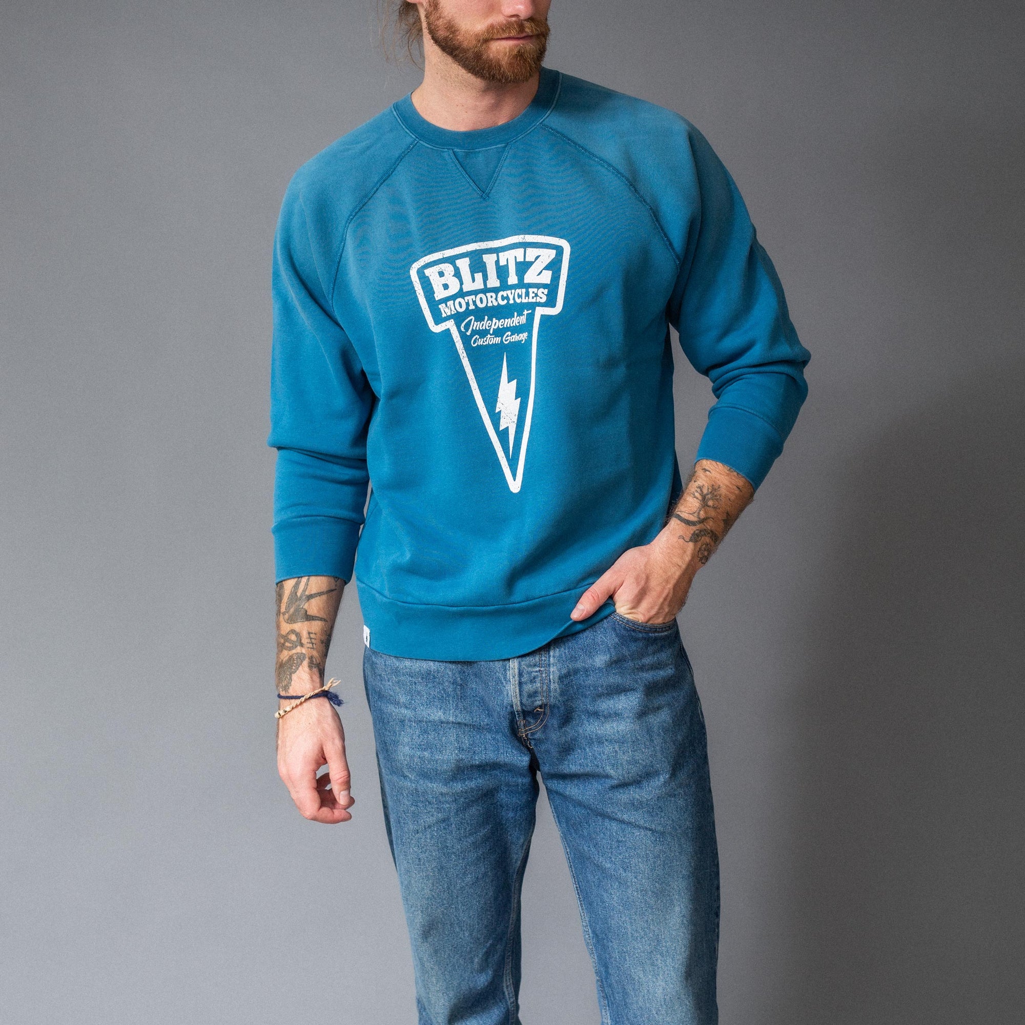 BLITZ MOTORCYCLES - CREW NECK SWEATSHIRT logo "Nail" - Indigo blå