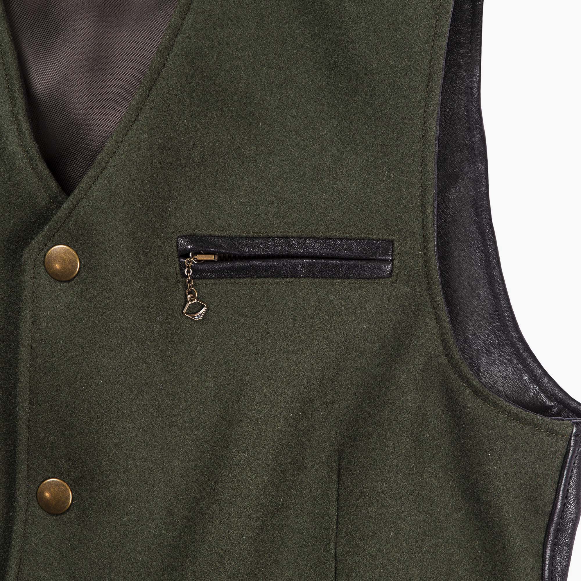 Shangri La - Mandriano Forest Wool Vest - Green/black leather