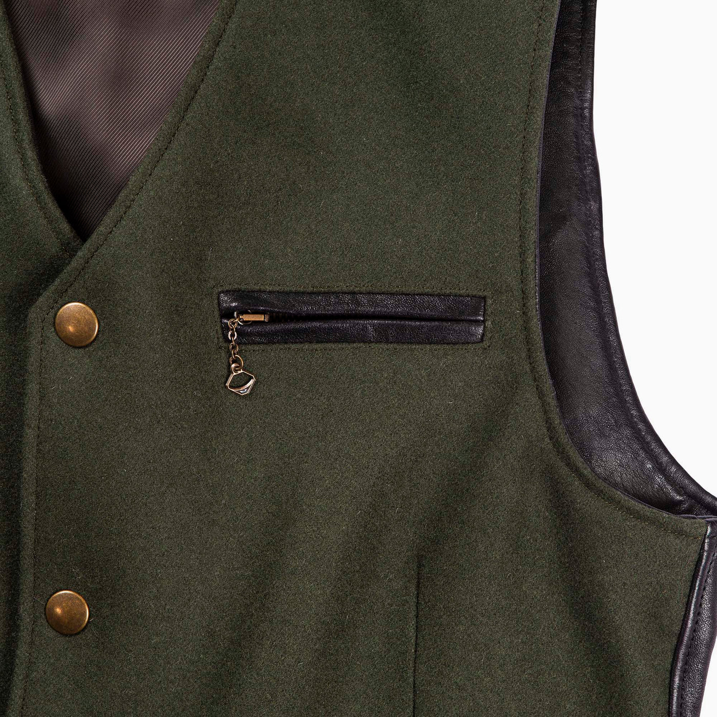 Shangri La - Mandriano Forrest Wool Vest - Green/black leather