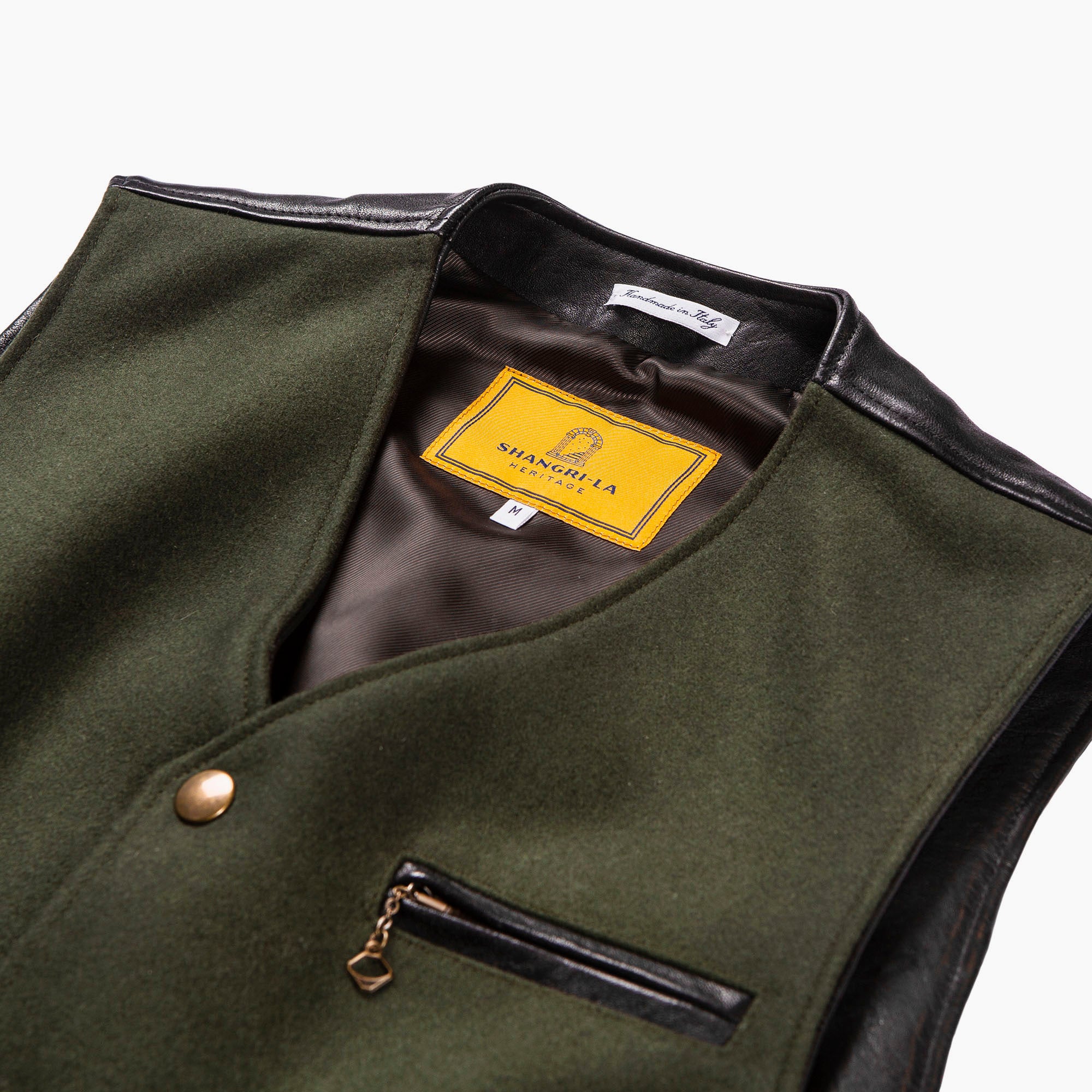 Shangri La - Mandriano Forest Wool Vest - Green/black leather