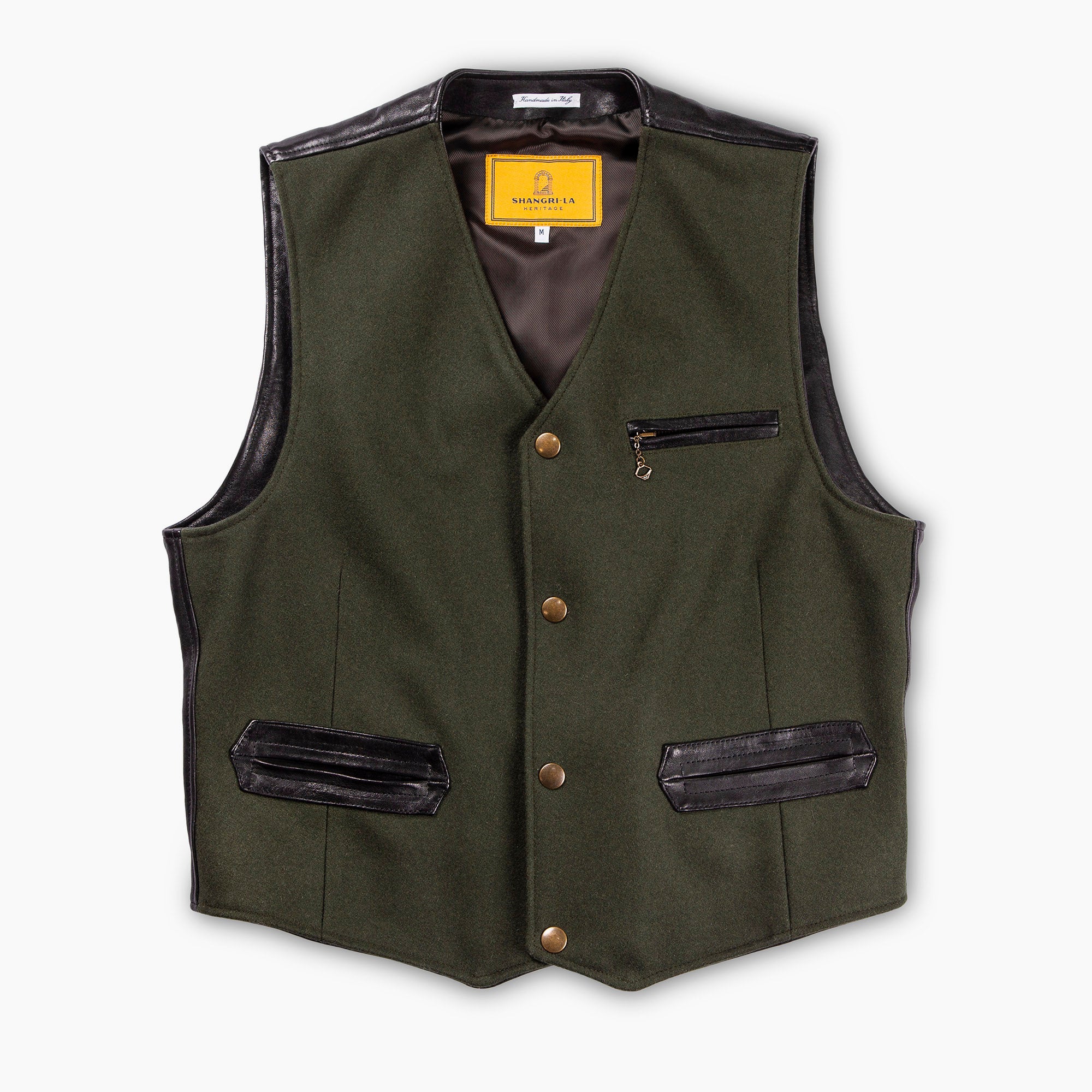 Shangri La - Mandriano Forest Wool Vest - Green/black leather