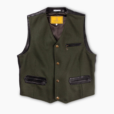 Shangri La - Wool vest/leather - Mandriano Forrest Wool Vest - Green/black leather